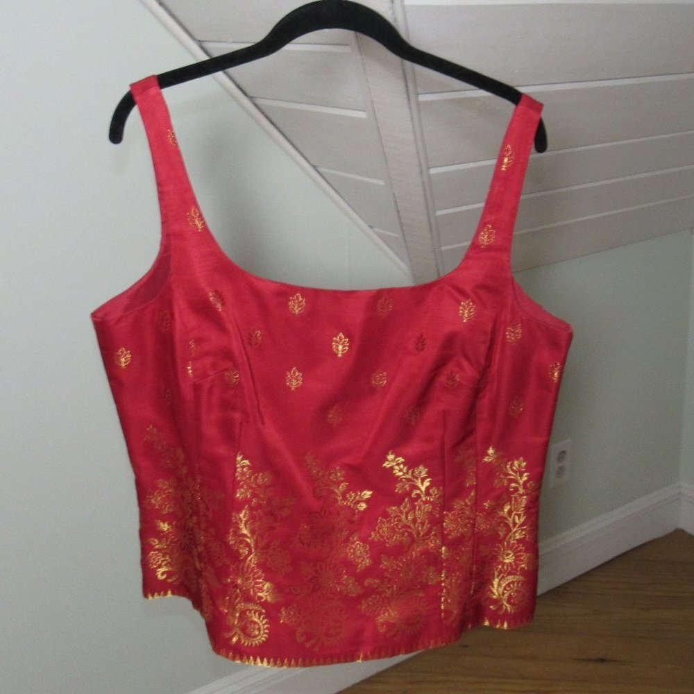 Ann Taylor Red Silk Top with Gold Embroidery Size 14 - Picture 1 of 14